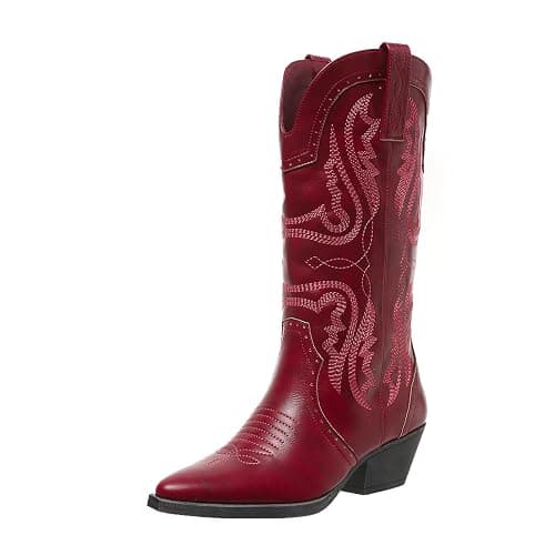 Cowboy Boots for Women Cowgirl Mid Calf Western Boots Embroidered Stitched Pointed Toe Chunky Block Heel Brown Red Black US5-11 - Image 1