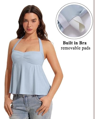 OMKAGI Cute Peplum Halter Tops for Women Built in Bra Sleeveless Going Out Tank Top thumbnail 3