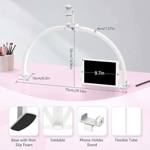 Yokilly Half Moon Light for Nail Desk: 29" Foldable Nail Light for Desk | Arch Nail Tech Light with Phone Holder for Beginner - 3 Color Modes & 10 Brightness for Manicure Salon-White thumbnail 4