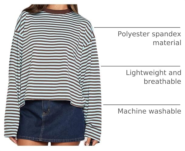 Striped Bloom Long Sleeve Shirt for Women Boxy Tee Top Streetwear | Y2k Oversized Crewneck Stripes Baggy T Shirts Stripe Cropped Drop Shoulder Sweater Sweatshirt Fairy Grunge Crop Tops thumbnail 4