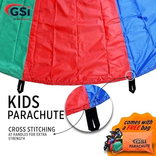 GSi Kids Rainbow Parachute 6 ft to 35 ft for School & Gym Class | Bright Rainbow Colors, 54 GSM Fabric, Cross-Stitched Handles, Field Day & Birthday Parties, Storage Bag Included thumbnail 3