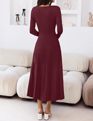 MEROKEETY Women's Sweater Dress 2025 Fall Winter Casual Long Sleeve Square Neck Pleated Church Work Knit Midi Dresses thumbnail 4
