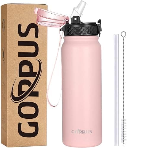 GOPPUS 600ml/20oz Stainless Water Bottle with Straw Double Wall Insulated Bottles with Strap One Hand Open Vacuum Thermal Flask Leakproof Keep Cold Drinks Bottles with Flip Top Lid BPA Free for Adults - Image 1