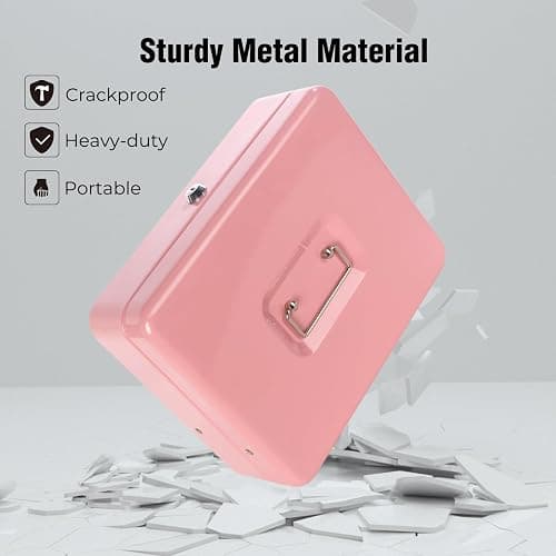 Cash Box with Money Tray and Key Lock, Money Box with Safe Locking, Money Saving Lock Box for Cash Register 11.8"x9.45"x3.54" Pink XL Large thumbnail 6