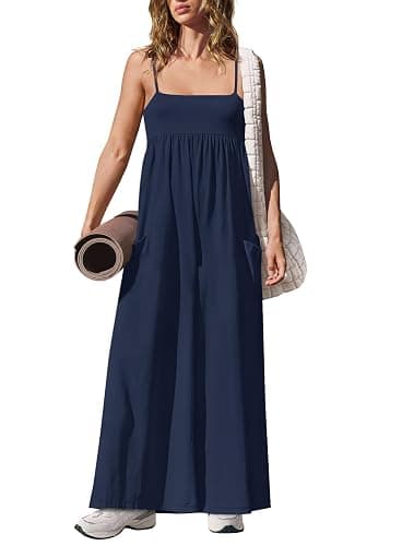 Yanekop Womens Overalls Wide Leg One Piece Jumpsuits with Pockets | Comfy Soft, Loose Fit, Spaghetti Straps Sleeveless Jumpsuits, Long Pant Rompers, Summer Casual Travel Outfits thumbnail 3