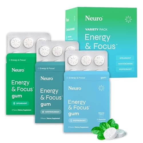 Neuro Variety Pack Gum - Energy & Focus Gum (Peppermint, Spearmint, Wintergreen) - Nootropic Supplement with Natural Caffeine + L-Theanine for Brain Health - Sugar Free, Vegan - 54 ct, 6 Pack - Image 1