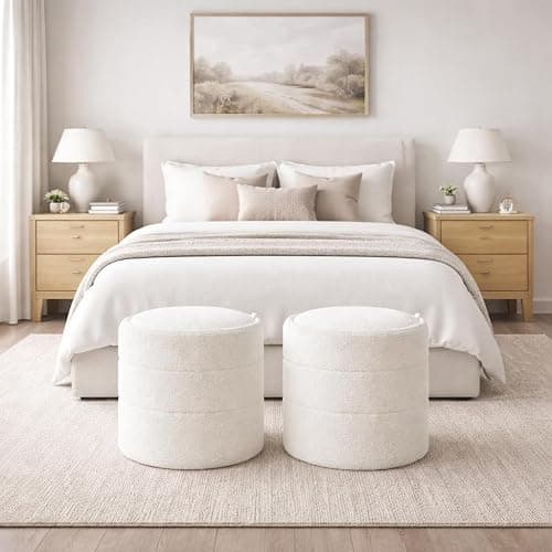HomePop Storage Round Ottoman with Removable Lid |Homepop Home Décor|Upholstered Round Foot Rest Ottoman - Cream Boucle thumbnail 4