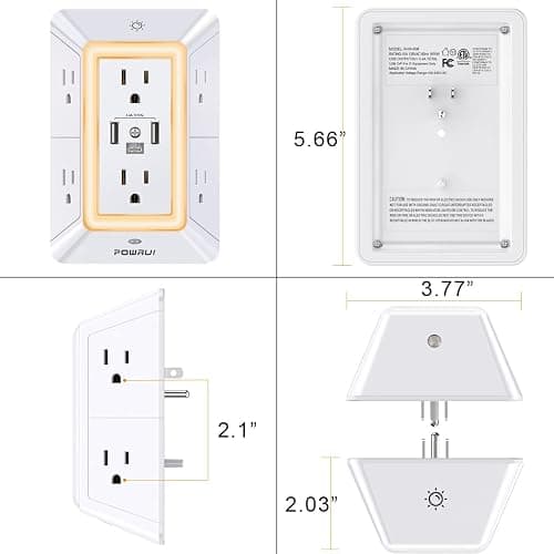 POWRUI Multi Plug 6 Outlet Surge Protector Extender with 3 USB Ports (1 USB C) and Night Light, 3-Sided Power Strip with Adapter Spaced Outlets, ETL Listed, White thumbnail 8