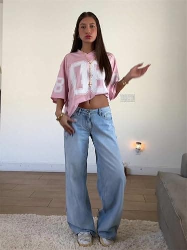 Oversized Jersey Shirts for Women Y2k Number Graphic Print V Neck Short Sleeve Aesthetic Summer T-Shirt Streetwear thumbnail 4