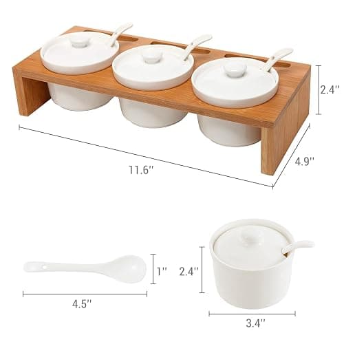 MyGift 10 Pcs Sauce Serving Dish, Hosting Party Essentials Host Gift, 3 Ceramic Ramekin Chip Dip Bowls with Lids & Spoons, Premium Bamboo Server Tray, Condiment Pot Entertaining thumbnail 3