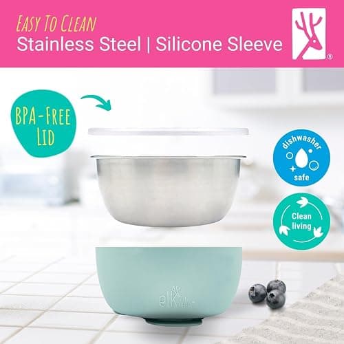 Elk and Friends Stainless Steel Bowls with Silicone Sleeve for Babies & Toddlers | Lids Included | Stay Put Suction | Cereal & Snack Bowls | 4 Pack thumbnail 7