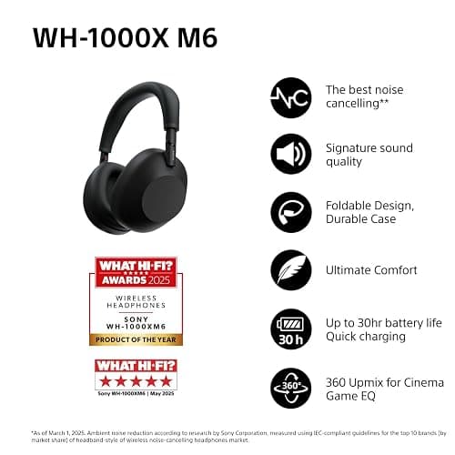 Sony WH-1000XM6 Flagship Noise Cancelling Over-Ear Wireless Bluetooth Headphones, Signature Hi-Res Sound, Ultimate Comfort, Foldable Design, Durable Case, 30 HR Battery, iOS & Android - Black thumbnail 2