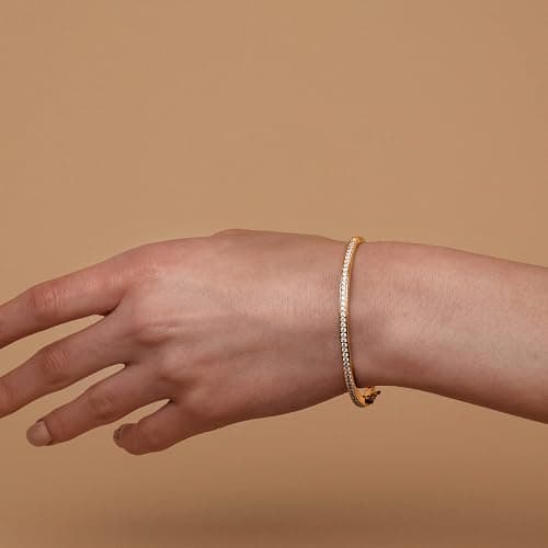 PAVOI 14K Gold Plated Cubic Zirconia Bangle Tennis Bracelets for Women | Classic Love Cuff Bangle Bracelets thumbnail 2