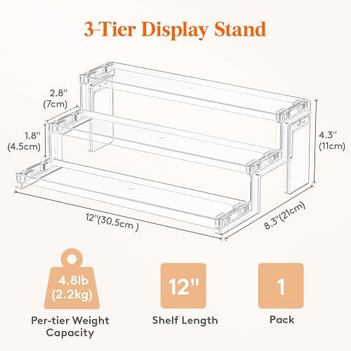 Lifewit 12″ Spice Rack, Perfume Cologne Stand, Tool-Free Assembly, 1 Pcs | 3-Tier Clear Cupcake Riser, Display Shelf for Seasoning, Figurine, Makeup, Room Decor, Kitchen Cabinet Storage Organization thumbnail 3
