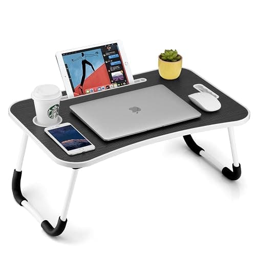 FISYOD Foldable Laptop Table, Portable Lap Desk Bed Table Tray, Laptop Stand with Cup Holder & Tablet Slot & Lifting Handle for Working Writing Drawing & Eating (Black) - Image 1