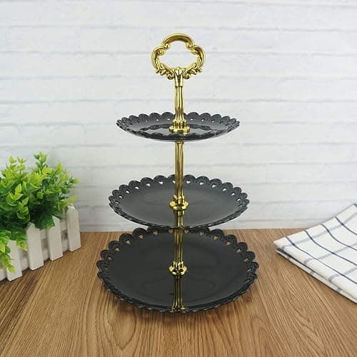 Artliving 3-Tier Plastic Cake Stand Dessert Stand Cupcake Stand Tea Party Serving Platter Black Gold thumbnail 4