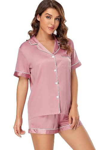 Serenedelicacy Women's Satin Pajama Set 2-Piece Sleepwear Loungewear Button Down Short Sleeve Silky PJ Set thumbnail 3