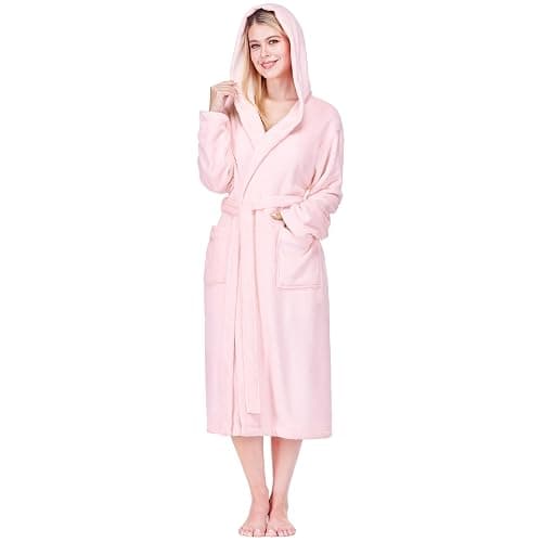 PAVILIA Women Robe with Hood, Fleece Fluffy Soft Long Hooded Robe, Plush Fuzzy Cozy Warm Bathrobe Shower Spa - Image 1