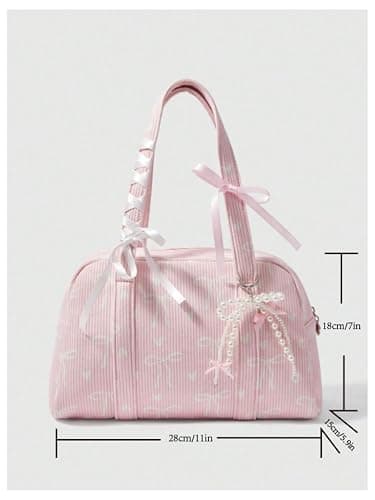 RoseSeek Women's Y2K Corduroy Bow Print Shoulder Bag Heart Zipper Double Handle Underarm Preppy Uniform Bags thumbnail 6