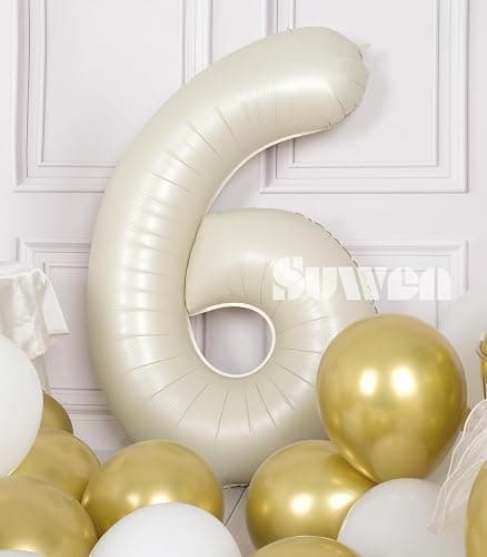 SUWEN 40 Inch Cream White Large 6 Balloon Numbers Big Foil Helium 0-9 | Jumbo Happy 6th Mylar Birthday Party Decorations for Men or Women Anniversary Party Supplies thumbnail 3