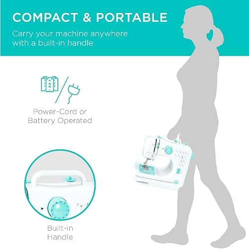 Best Choice Products Compact Sewing Machine, 42-Piece Beginners Kit, Multifunctional Portable 6V Beginner Sewing Machine w/ 12 Stitch Patterns, Light, Foot Pedal, Storage Drawer - Teal/White thumbnail 6