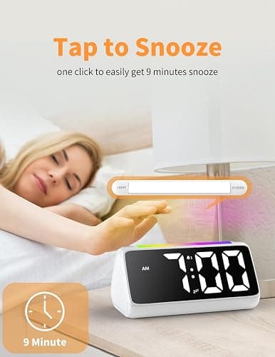 Netzu Digital Alarm Clocks for Bedrooms, Bedside Clocks with RGB Night Glow, Rainbow Time, Large Display, Dual Alarm, Snooze, LED Desk Dimmable Alarm Clock for Kids Teens (White) thumbnail 5