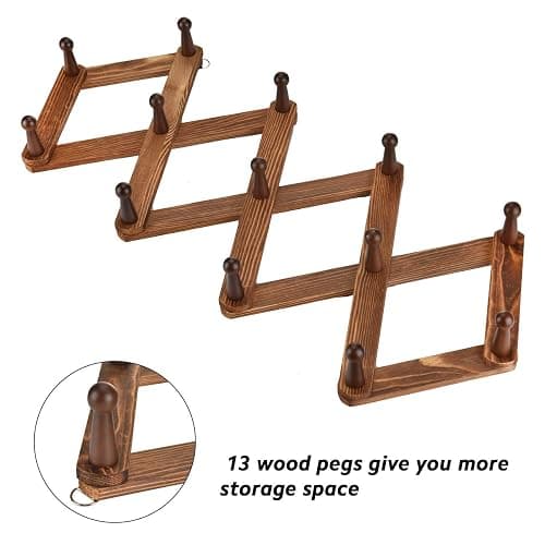 Homode Vintage Wood Expandable Peg Rack- Multi-Purpose Accordion Wall Hangers with 13 Hooks for Hats, Coat, Mugs, Scarf, Jewelry Storage thumbnail 8