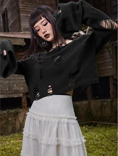 Goth Y2K Striped Sweater Grunge Ripped Punk Gothic Sweaters for Women Harajuku Aesthetic Halloween Pullover Tops thumbnail 5