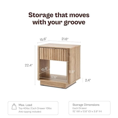 mopio Brooklyn Fluted Nightstand, Modern Farmhouse Nightstand, Small Side, Wood Bedside Table with Drawer, End Table with Storage, Fluted Night Stand, Curved Profile (Golden Oak, Set of 2) thumbnail 2