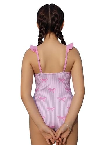 Ecolala Girls One Piece Swimsuits Ruffle Straps Bow Stripe Print Cute Bathing Suits with Mesh Swim Cover Up Skirt thumbnail 5