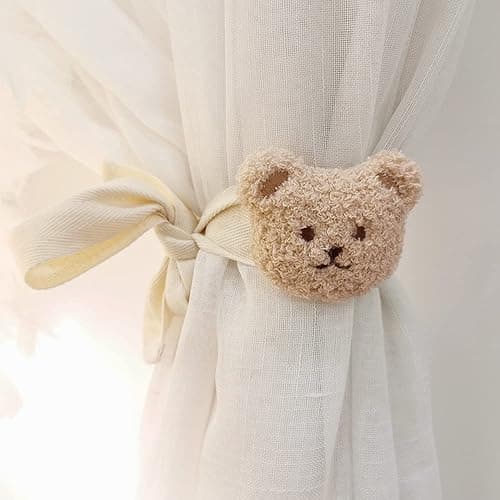 2 Pack Cute Curtain Tiebacks Cartoon Bears Embroidered Animal Shape Bedroom Accessories(Beige) - Beige