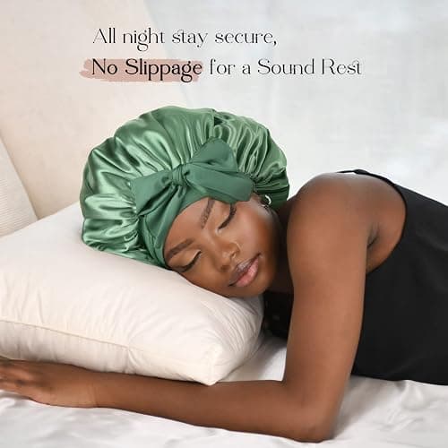 YANIBEST Silk Bonnet for Sleeping Women Satin Bonnet Double Layer Satin Lined Hair Bonnet with Tie Band Curly Hair - Large - Sage thumbnail 5