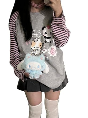 Dynict Y2k Cute Sweatshirts for Women Harajuku Kawaii Striped Sweatshirts Cartoon T-shirts - Image 1