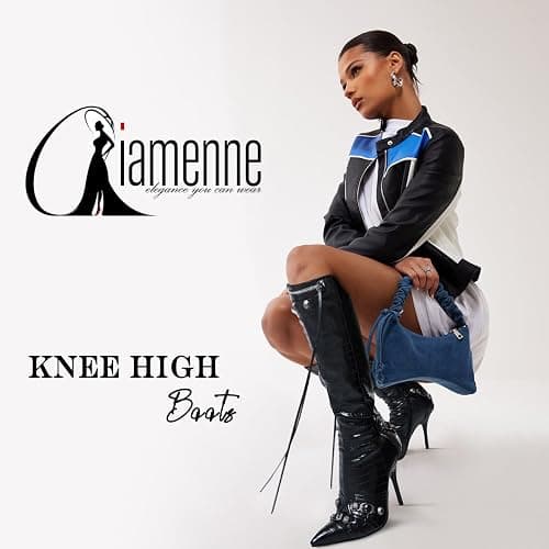 Oiamenne Knee High Boots for Women Fashion Slide Zipper Pointed Toe Stiletto Studded High Heel Rivets Tassel Boots Party Dress Shoes thumbnail 2