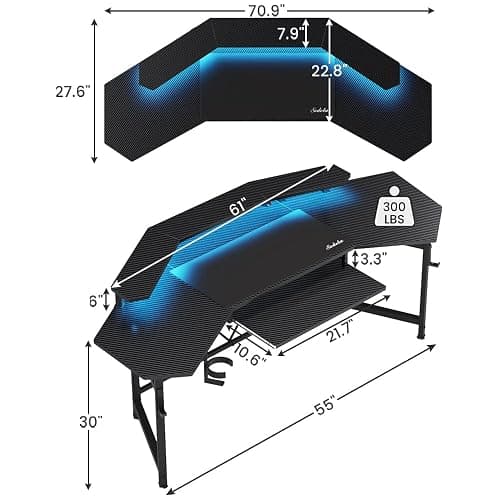 Sedeta Gaming Table with LED Lights, L-Shaped Keyboard Tray & Monitor Stand, Headphone Hooks, Cup Holder, Black thumbnail 2