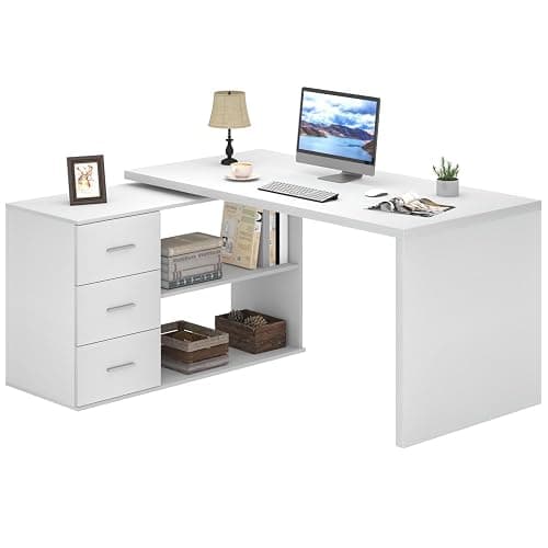 HSH White L Shaped Computer Corner Desk with 3 Storage Drawers 55 inch | Reversible Home Office Corner Desk with 2 Open Side Shelves Modern Wood Executive L Desks for Bedroom,Study Workstation thumbnail 6