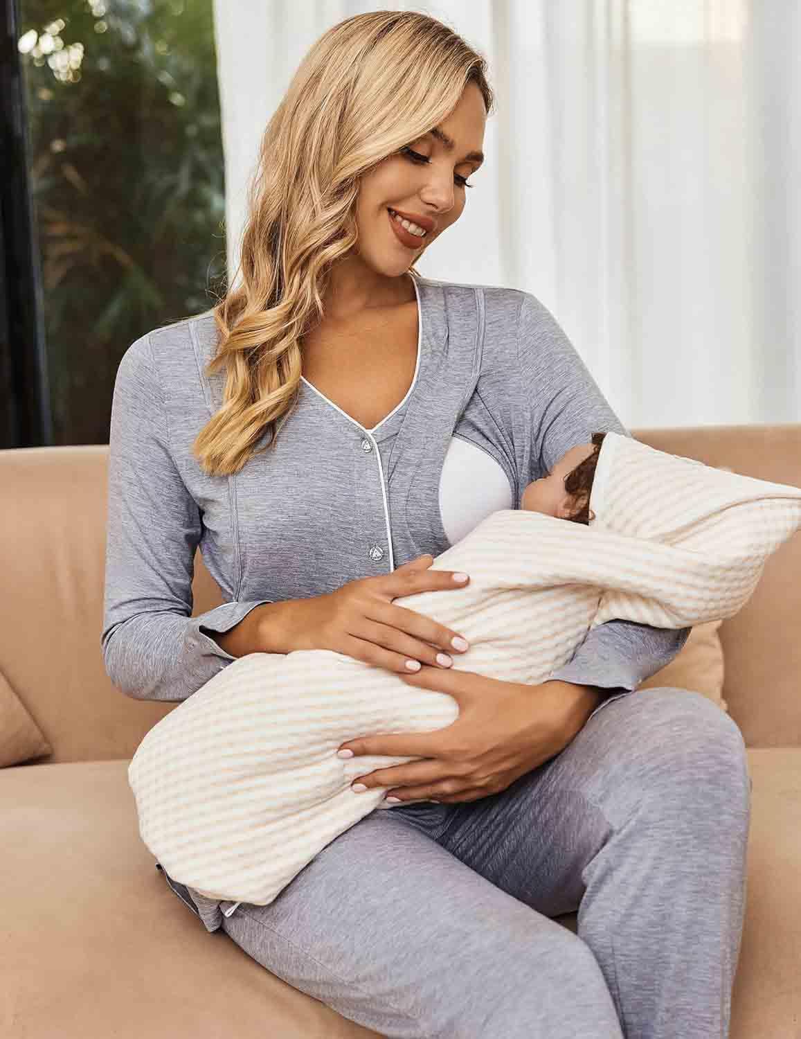 Conjunto de Pijama de Lactancia de Maternidad con Botones, Ropa de Dormir Suave de Manga Larga, Ropa de Dormir para Lactancia thumbnail 2
