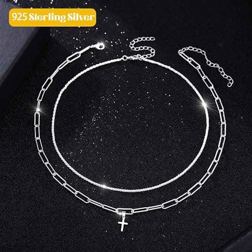 Yalice 925 Sterling Silver Sparkly Necklace Layered Dainty Chain Necklace Silver Cross Pendant Paperclip Necklaces Waterproof Minimalist Jewelry Gifts thumbnail 2