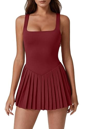 QINSEN Womens Square Neck Tennis Dress Pleated Sleeveless Built in Shorts Golf Athletic Dress with Pockets - Image 1