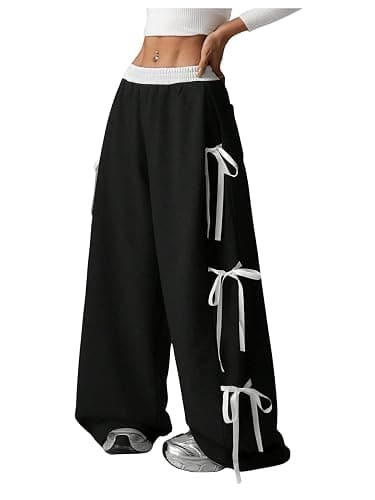 SHENHE Women's Wide Leg Baggy Sweatpants Elastic Waist Tie Bow Pants Loose Long Pants - Image 1