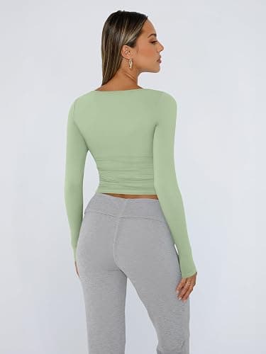 Trendy Queen Womens Long Sleeve Shirts Crop Tops Fall Fashion 2025 Square Neck Going Out Basics Tees Y2k Clothes thumbnail 5