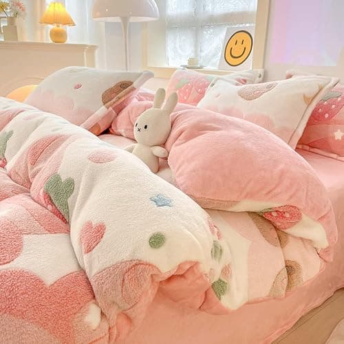 CinYana Pink Strawberry Duvet Cover Set Fluffy Kawaii Cartoon Comforter Cover Soft Kids Twin Size Bedding Set (Strawberry) thumbnail 5