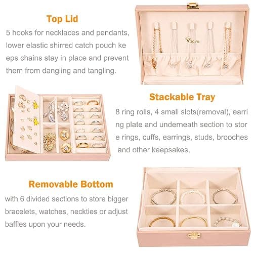 Voova Jewellery Box Organiser for Women Girls, 2 Layers Large Jewelry Storage Case, PU Leather jewlerrying Display Holder with Removable Tray for Necklace Earrings Rings Bracelets, Gifts, Pink thumbnail 4