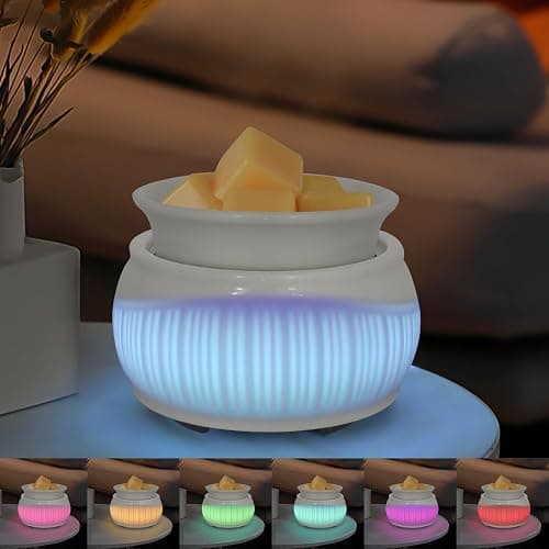 Ceramic Wax Melt Warmer for Scented Wax Warmer with 7 Colors LED Ambiance Light 3-in-1 Electric Fragrance Candle Burner for Home Office Deco Birthday Gifts for Women Girl Mom Daughter(White-02) - Image 1
