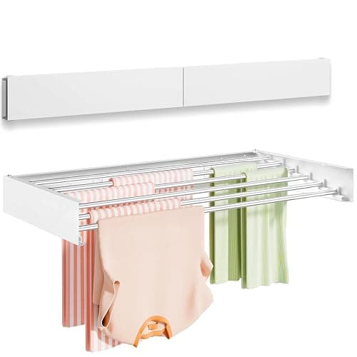 Vikaqi Wall Mounted Clothes Drying Rack 100CM, Foldable Wall Mount Laundry Rack Folding Indoor, Drying Rack Clothing Collapsible, Towel Rack with Wall Template, 6 Rods, White - Image 1