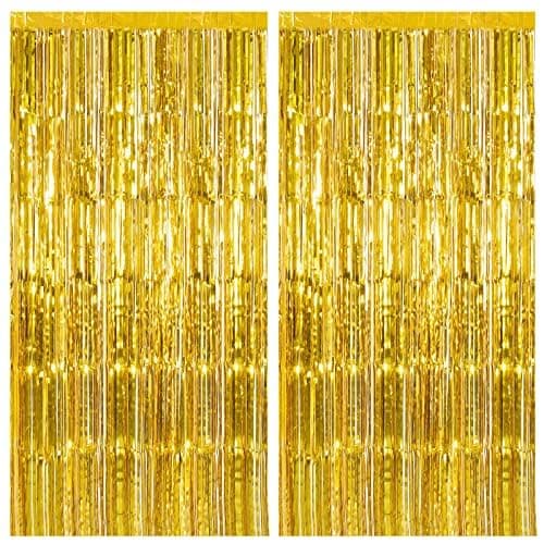 2 Pack Gold Fringe Curtain Backdrop Tinsel Streamers Birthday Party Decorations Christmas Photo Booth Backdrop Halloween New Year Graduation Baby Shower Theme Party Decorations - Image 1