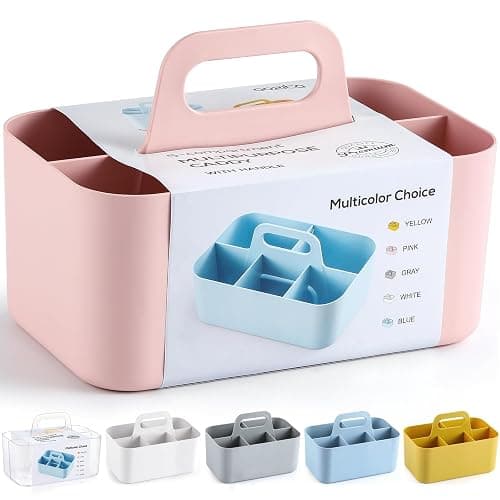 Multiuse Caddy Organizer with Handle, Portable Divided Plastic Tote Bin - Art Craft, Stationary Pen Marker Crayons, Makeup Hair Supplies Storage - Bathroom, Classroom, Dorm, Office, Desk Holder - Pink - Image 1