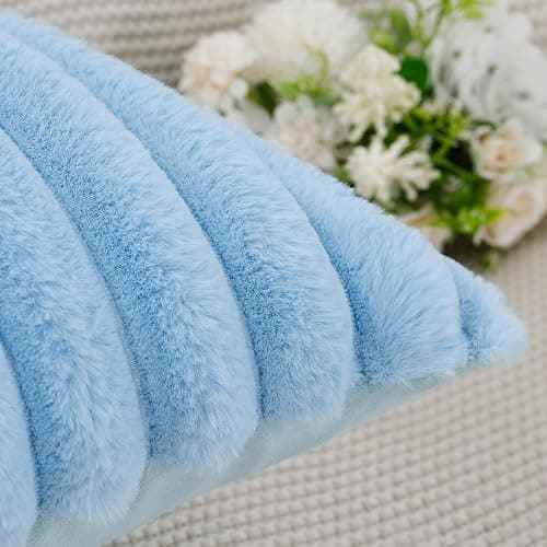 MADIZZ Set of 2 Faux Wool Plush Decorative Throw Pillow Covers 12x20 Inch Light Blue Fluffy Striped Soft Decorative Cushion Cover for Sofa Bedroom Pillow Shell - Light Blue - 20" x 12" (Pack of 2) thumbnail 5