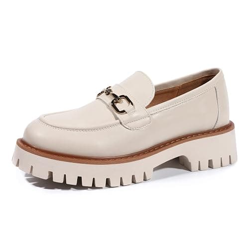 Beige Platform Loafers for Women Chunky Heel Lug Sole Loafers Slip ons Round Toe - Image 1