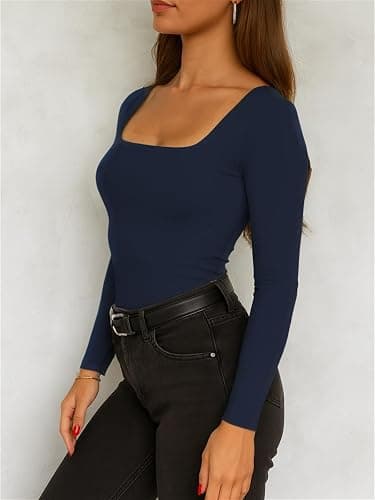 ForeFair Women Square Neck Long Sleeve Going Out Tops Tight Double Lined Basic Tees Shirt thumbnail 4